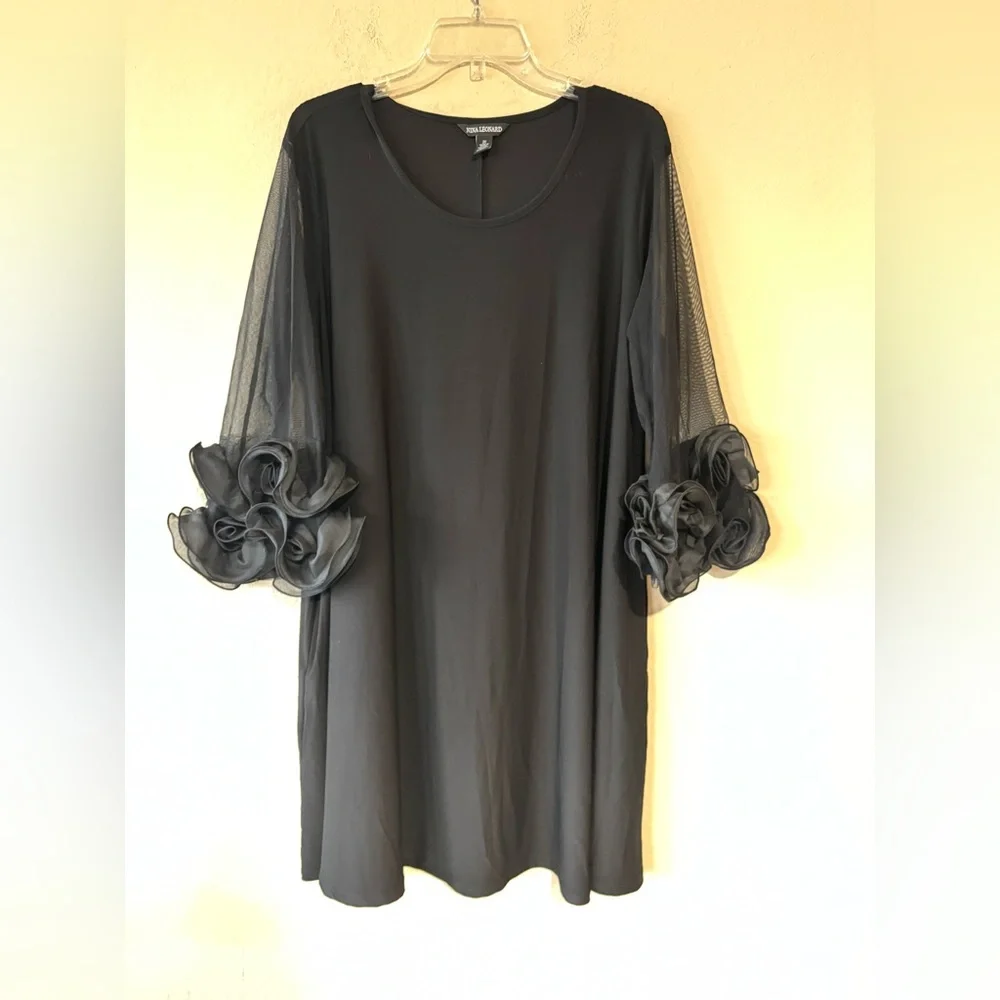 Nina Leonard Ruffle Mesh Sleeve Dress Black Size‎ 2X
